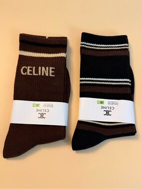 CELINE unisex Brown & Black Striped Socks  2 pairs small- medium New